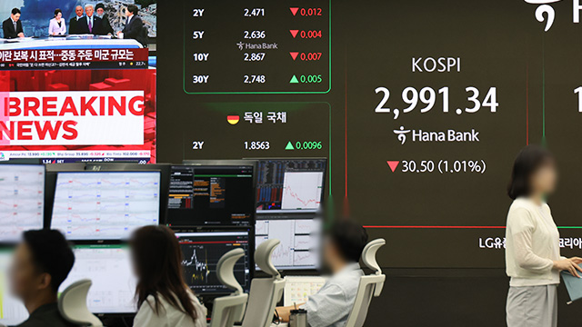 ‘중동 불안’ 코스피 3,000선 <br>깨져…코스닥도 내려